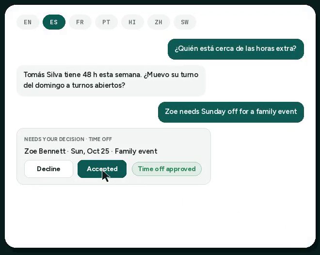Assistant chat in Spanish with an accept request card