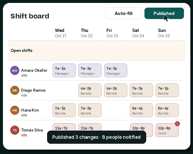 Shift board with draft shifts and an overtime warning